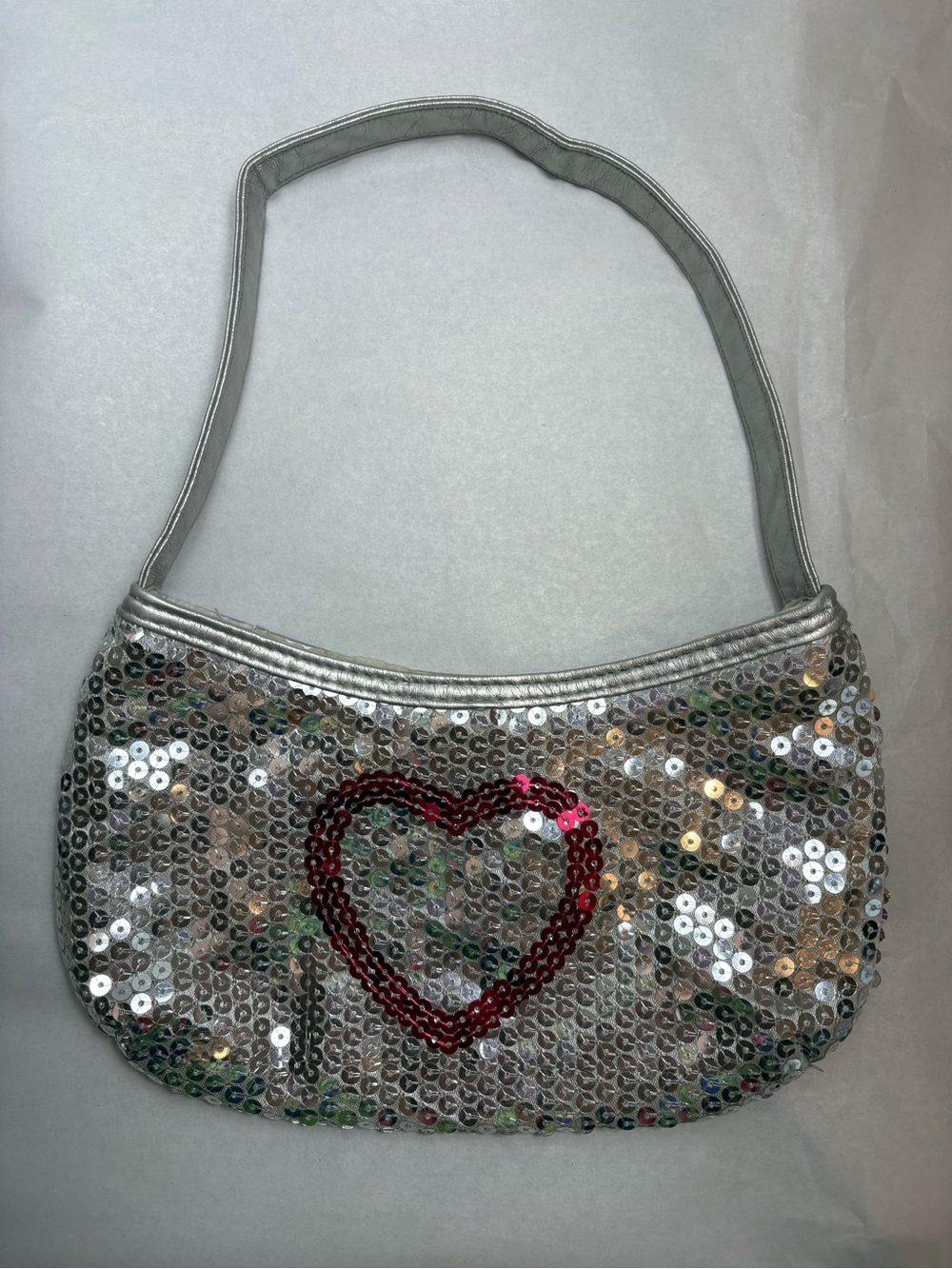 Silver Sequin Shoulder Bag with Red Heart Accent